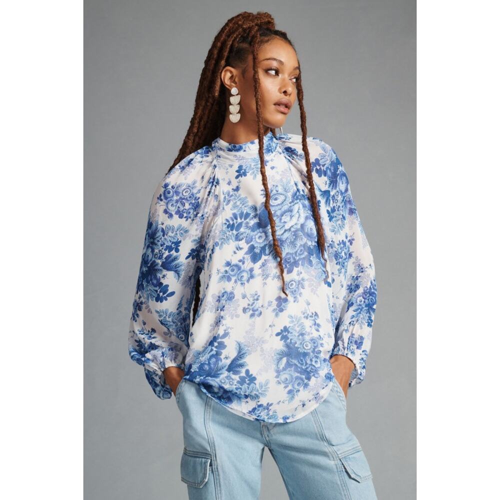 Anthropologie Maeve Sheer Tunic Blouse Blue & White Floral Long Sleeve Size S